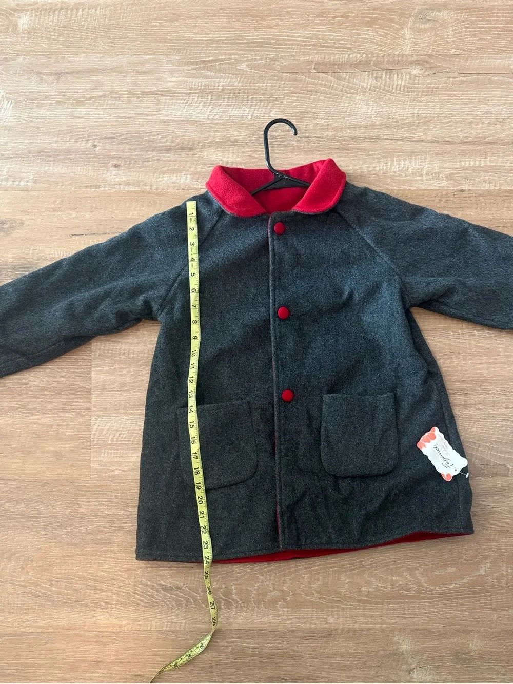 Dark Gray Coat with Red Collar and Buttons